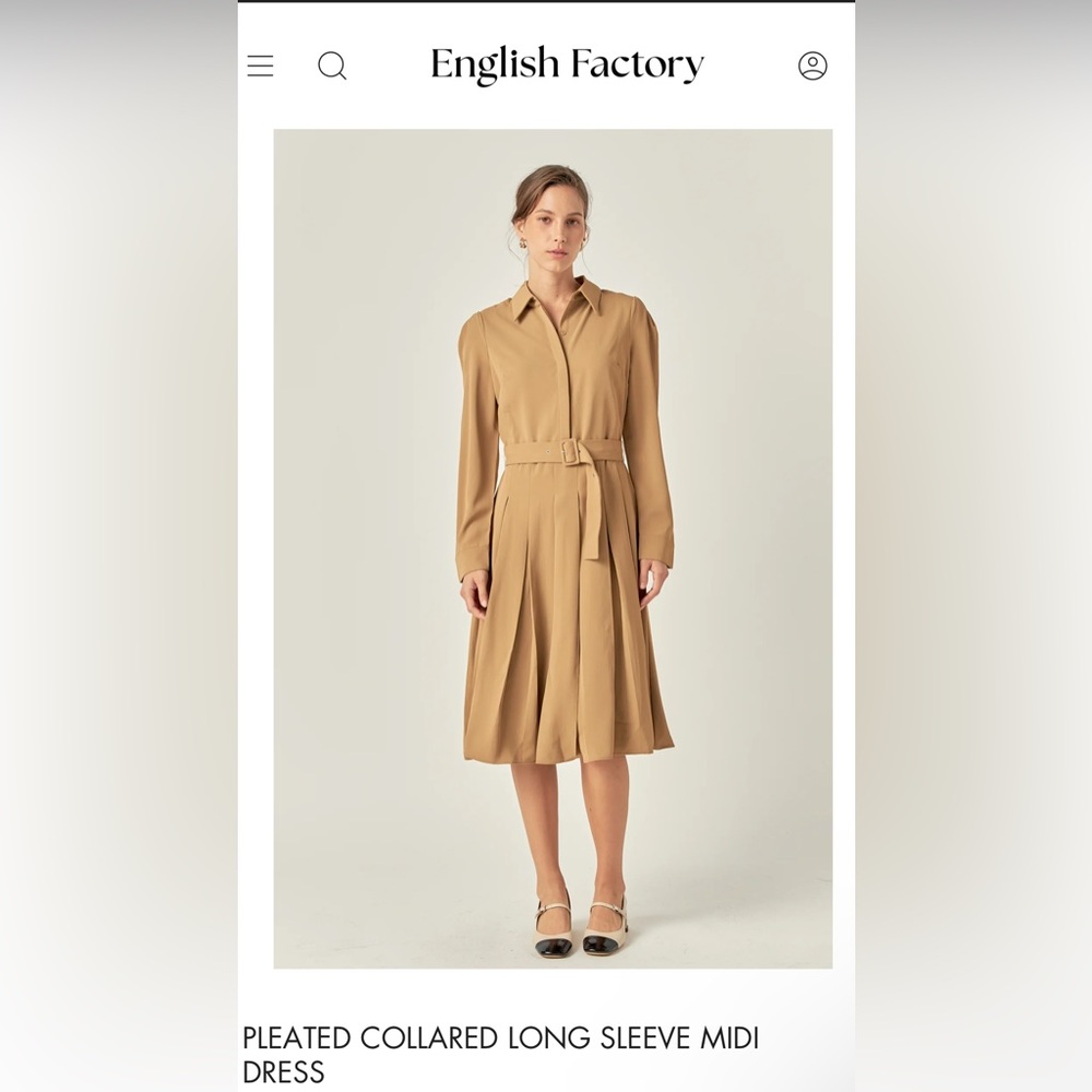 NWOT English Factory Pleated Collared Long Sleeve Midi Dress